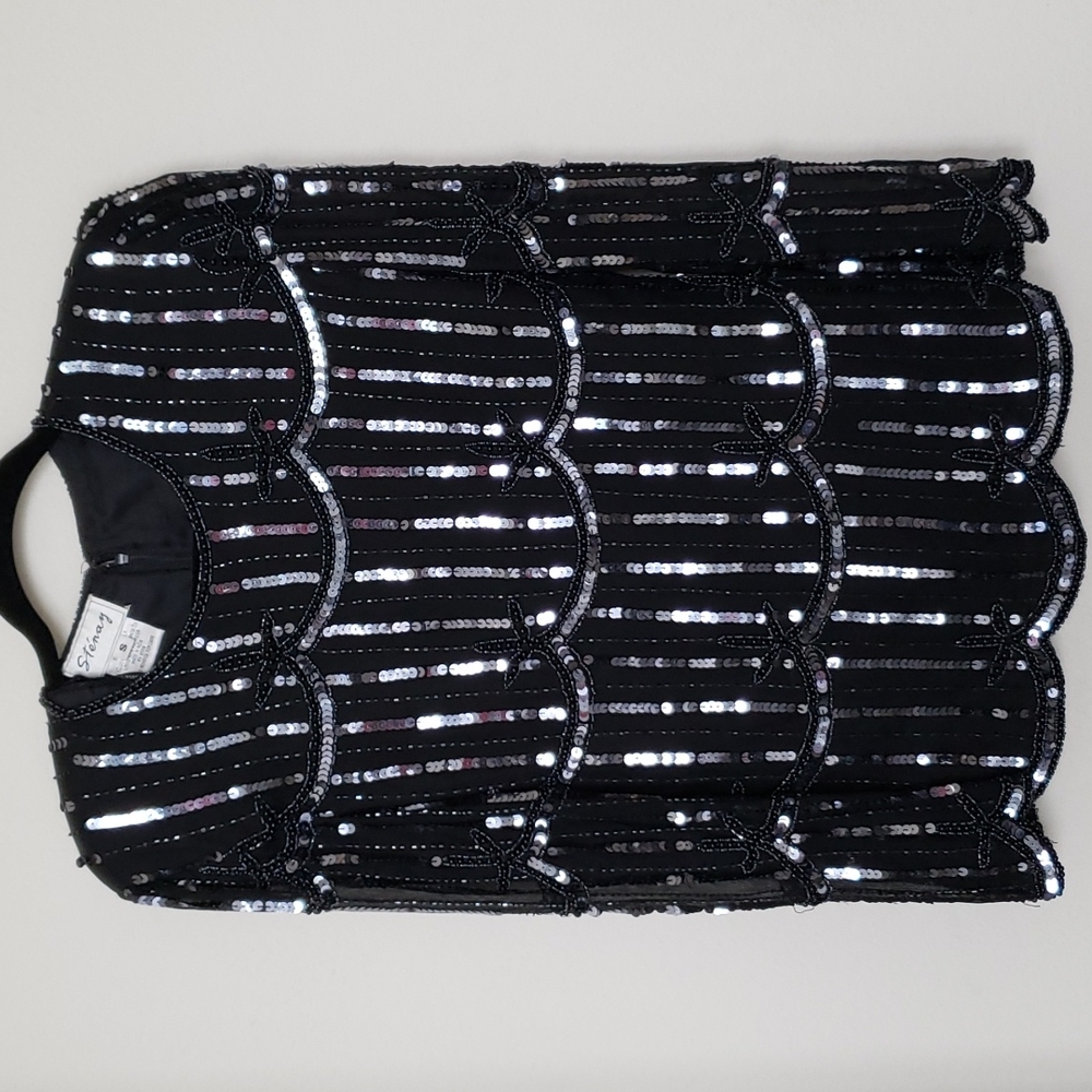 100% Silk Vintage Stenay Black Sequined Blouse - Size S